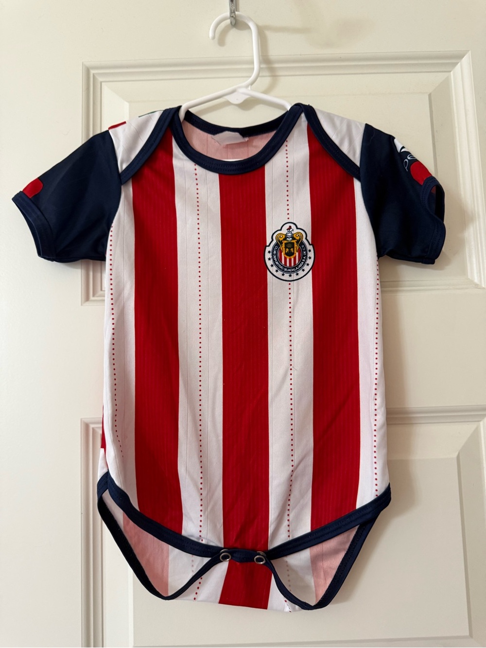 Baby Striped Soccer One-Piece Bodysuit - Red, White & Navy